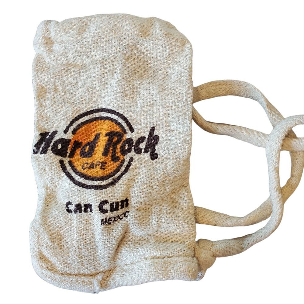 Hard Rock Cafe Cancun Drawstring Mini Backpack Burlap RARE FIND Beige 11x7